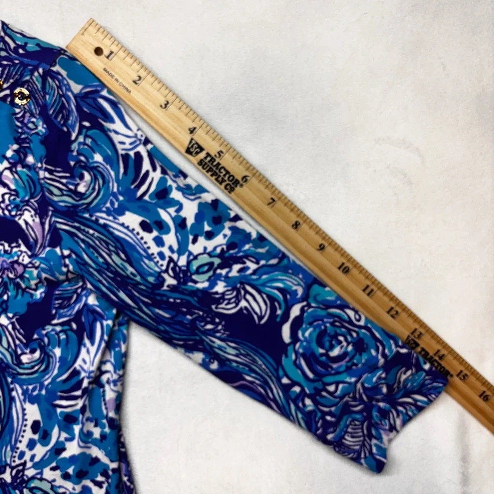 Lilly Pulitzer Dress XL 12-14 Blue Floral 3/4‎ Sleeve Gold Buttons Rayon Spandex